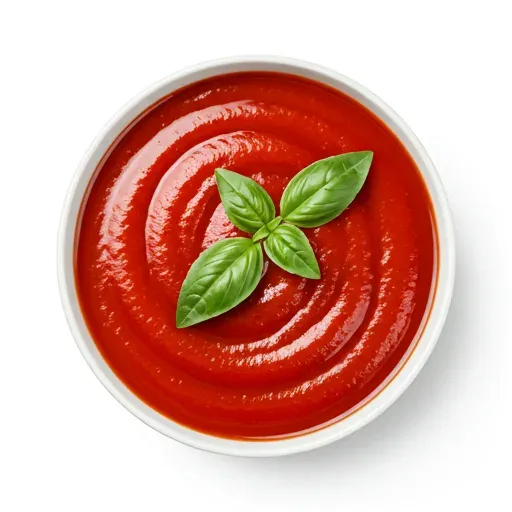 Close up of tomato sauce and basil leaves