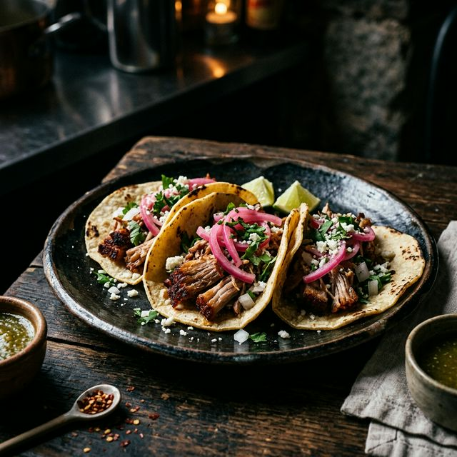 Close up of carnitas tacos with pickled onions on a dark ceramic plate