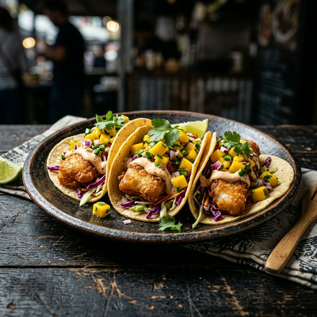 Close up of colorful fish tacos with mango salsa